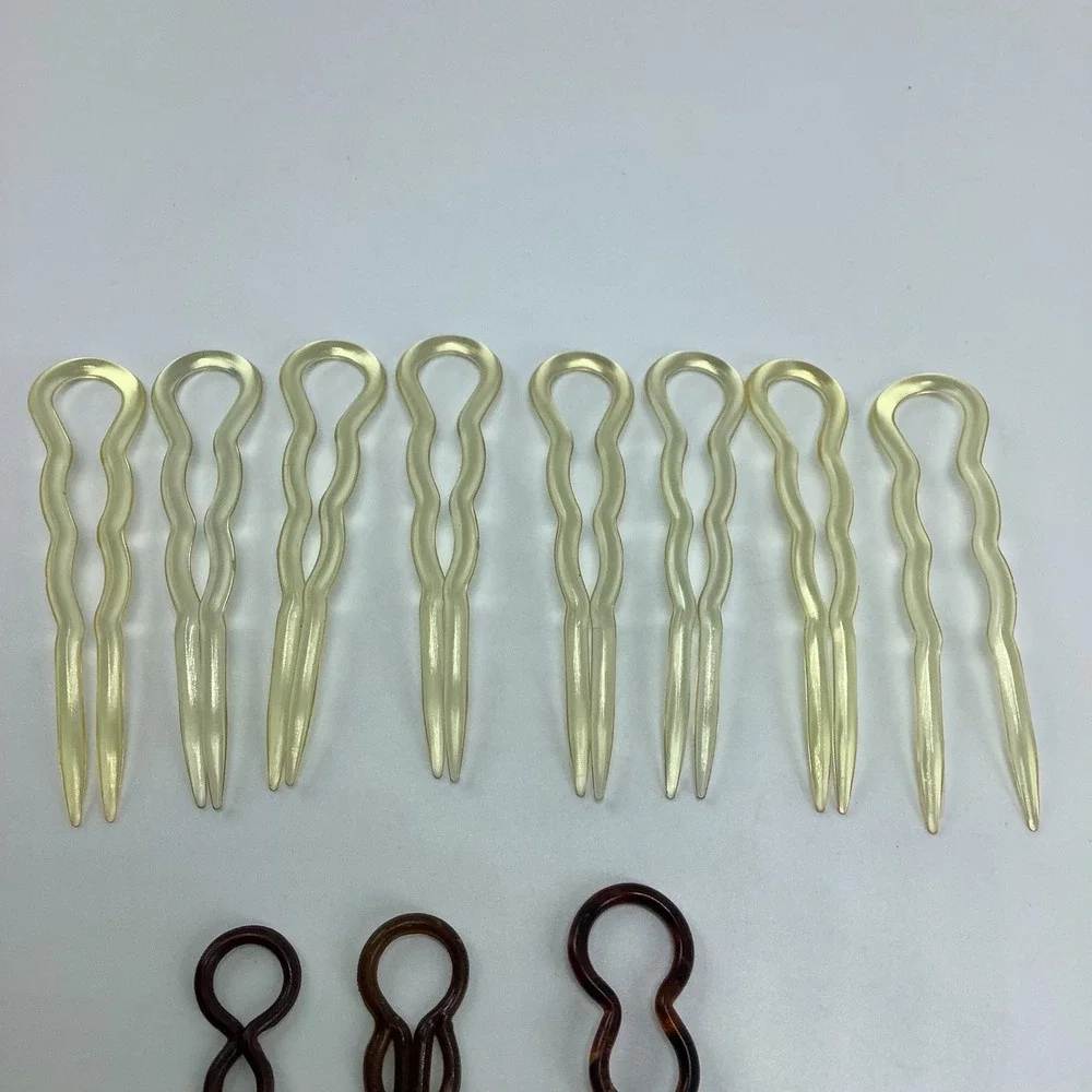 Vintage‎ Lot of 11 Plastic Celluloid U Shape Wavy French Hair Pins Clear, Brown